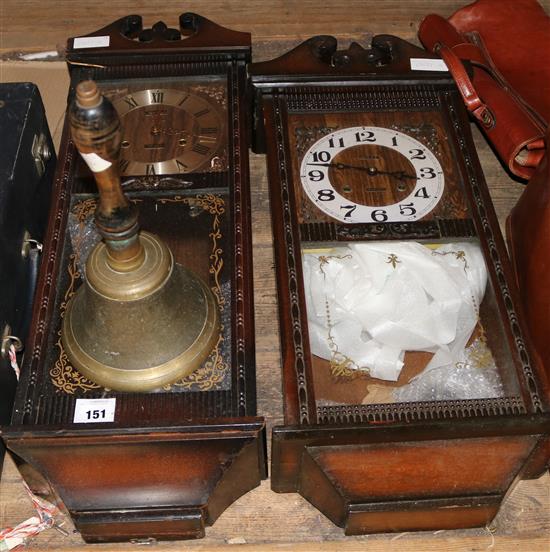 2 wall clocks and a hand bell(-)